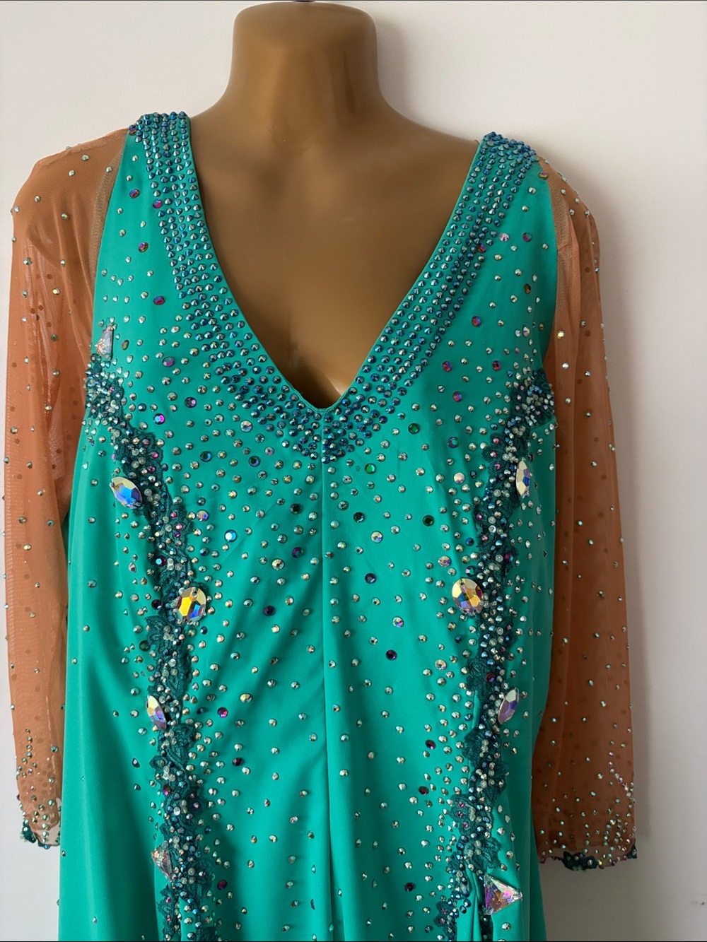 Turquoise Long Sleeve Ballroom Dress with Nude Illusion and Crystal Trim - Picture 11 of 11